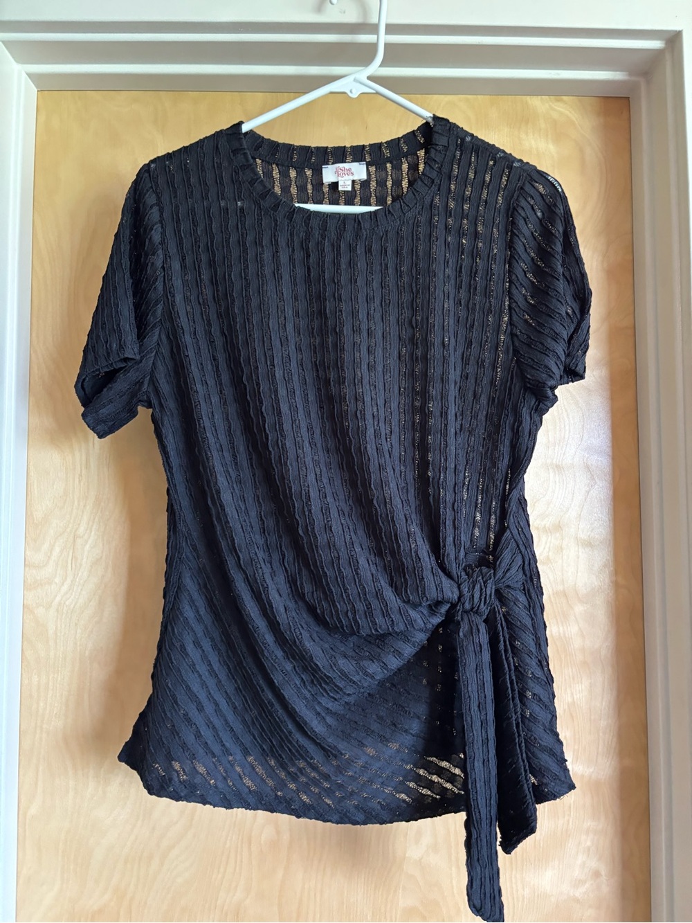 if She Loves Black Textured Metallic Sheer Side-Tie Short Sleeve Top L